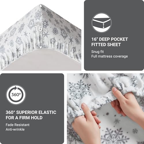 Image of True North by Sleep Philosophy Soft & Cozy Micro Fleece Sheet Set, Fitted Sheets Deep Elastic Pocket Fits Up to 16 inch Mattress, Warm Winter Bedding, Fleece Bed Set Queen Snowflake Boho 4 Piece