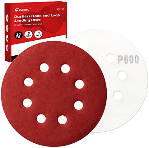 EZARC Hook and Loop Sanding Discs 125mm, 30pcs, 8 Hole Sand Paper, 600 Grits Sandpaper for Random Orbital Sander