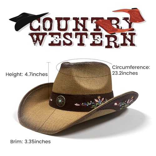 Image of Cowboy Hats for Women, Brown Cowgirl Hats Classic Straw Western Hats for Women Music Festival Party Beach.