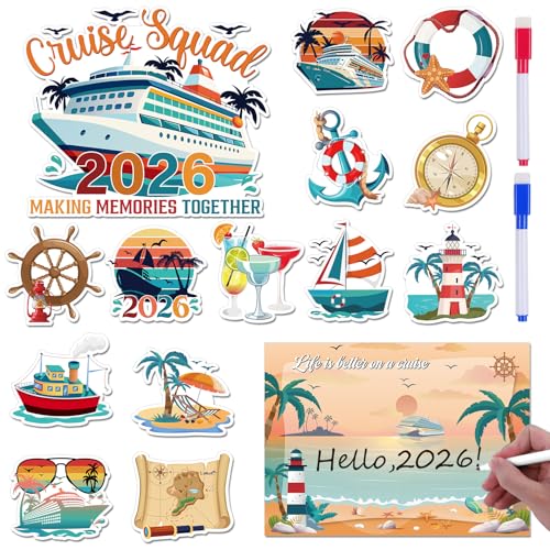 Wxiben Cruise Door Decorations Magnetic - 15 Pcs Retro 2026 Nautical Cruise Door Magnets with 3 Pens Funny Sea Navigation Cruise Ship Cabin Magnets Stickers Decal for Party Carnival Refrigerator Decor