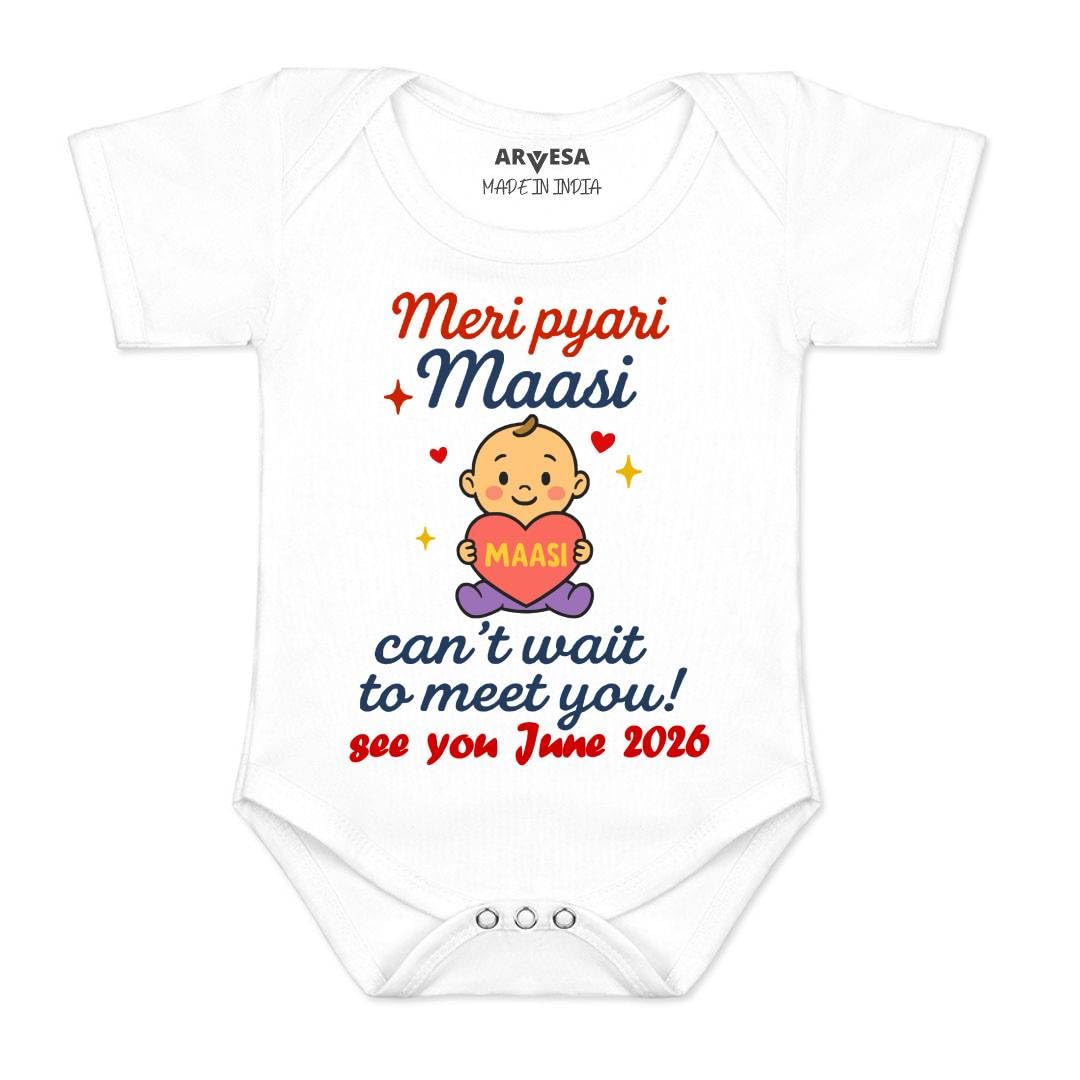 Customized Hello Maasi I can't Wait To Meet You R-1883 Pregnancy Announcement Homecoming Bodysuit, Sleepsuits, Rompers For New Born Baby Clothes Newborn Infant Customised Outfit