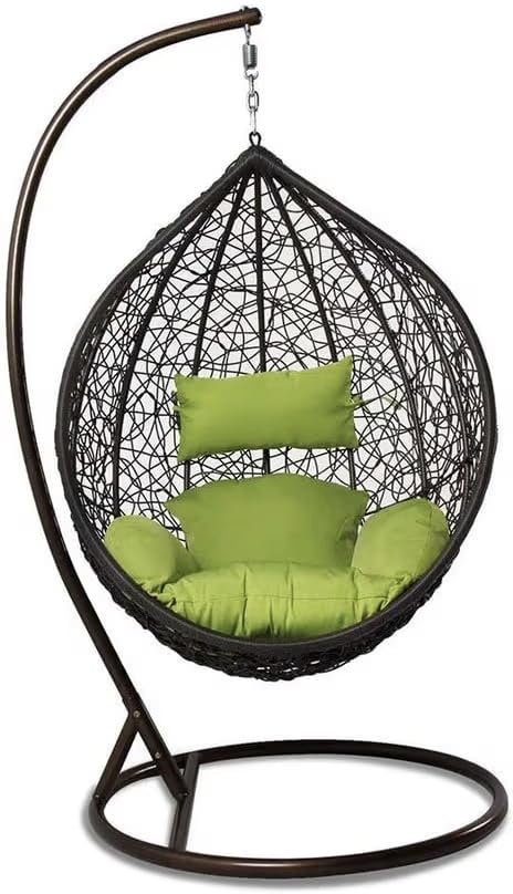 Image of Single Seater Swing Chair with Stand & Cushion Outdoor Indoor Balcony Garden Patio, Powder Coated Frame, UV-Protected Wicker, Premium Cushion, Swing Chair (Black-Parrot)