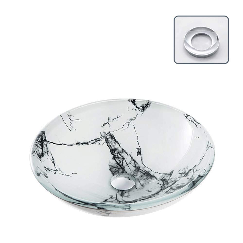 Aioneer Marble Pattern Tempered Glass Vessel Sink 16.53" Round Above Counter Bathroom Lavatory Bowl Artistic Modern Basin Combo With Waterfall Faucet, Pop-Up Drain Set