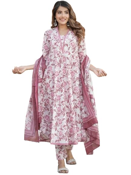 PARTHVI Women's Printed Anarkali Kurta With Palazzo & Dupatta Set