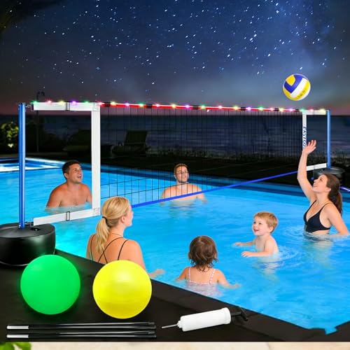 Pool Volleyball Net Adjustable Length 15-25FT for Pickleball Portable Indoor/Outdoor Swimming Pool Volleyball Net System with 2 Water Volleyballs and Heavy Duty Base. (blue02)