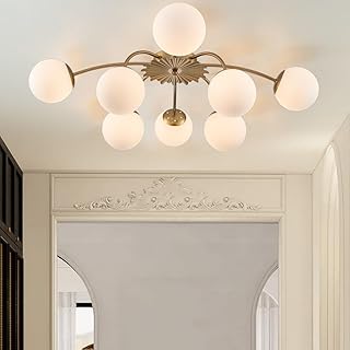 Longree 32.9 in. 8-Light Blossom Gold Modern Sputnik Semi Flush Mount Chandelier Opal Glass Bubble and Flower Accent Milky Glass Bubble Ceiling Light Fixture for Dining Bedroom Living Entry