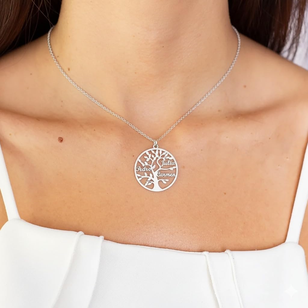 Collar Árbol de la Vida para Mujer Plata de Ley - Colgante Regalo Original para Madres y Abuelas donde incluir Nombres de su Familia, hasta 9 Nombres (3 Nombres)