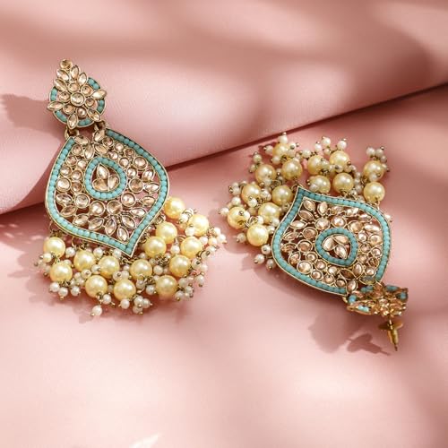 Image of Rubans Chandelier Earrings Kundan Pearl Traditional Jewellery Wedding Festive Gift for Women & Girls