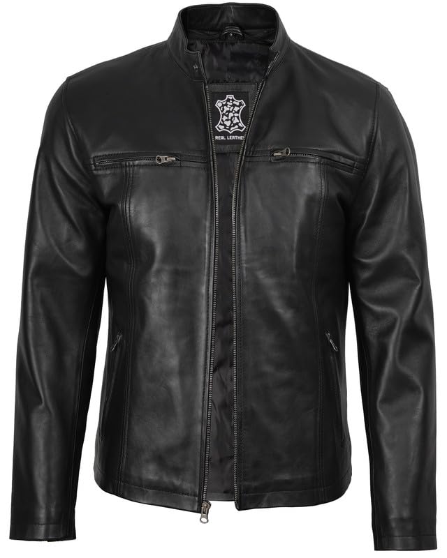Image of Decrum Hooded Leather Jacket Men | Real Lambskin Leather, Detachable Hood, Zip Closure, Multiple Pockets, Polyester Lining