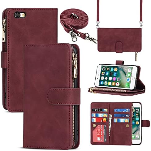 Cavor for iPhone 6 Plus iPhone 6s Plus Crossbody Wallet Case with Card Slots,Premium PU Leather Magnetic Closure Zipper Pocket Case Kickstand Feature TPU Shockproof Flip Cover,Wine Red