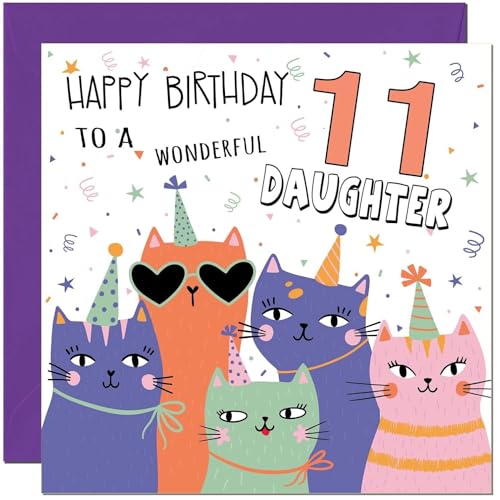 11th Daughter Birthday Card - Childrens Cute Cat Daughters Birthday Card for 11 Year old Kids eleven, eleventh