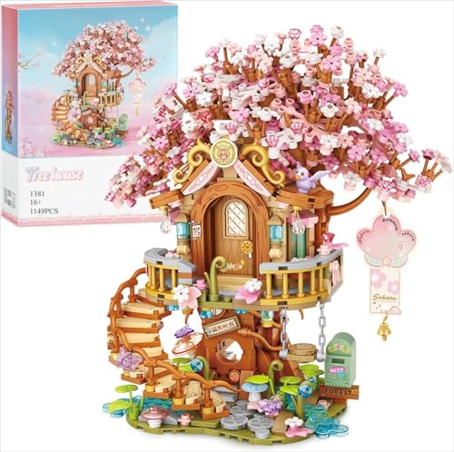 Cherry Blossom Tree House Building Block Set for Home Decoration 1149 PCS Artificial Sakura Flowers Mini Brick House Building Kit MOC Modular Construction Toy Gift for Adult and Women