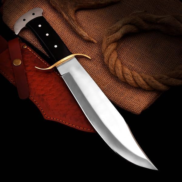 Handmade Bowie Knives with Leather Sheath, EDC Fixed Blade Knife for Hunting, Camping, Outdoor Activities, Full Tang, Leather Sheath (Black)