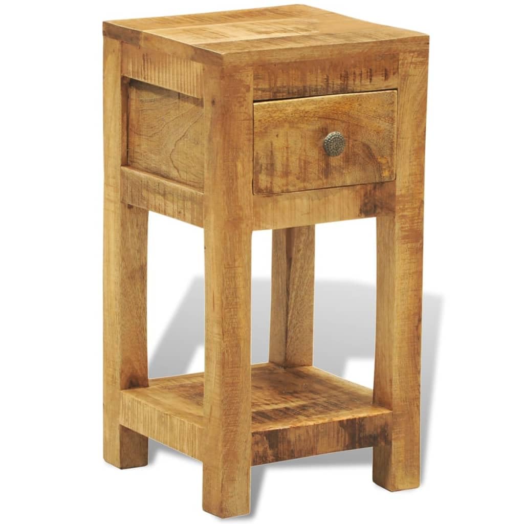 Beistelltisch aus massivem Mangoholz mit Schublade und unterer Ablage, ideal als Nachttisch oder neben der Couch für Schlüssel, Notizblöcke und Dekoartikel.