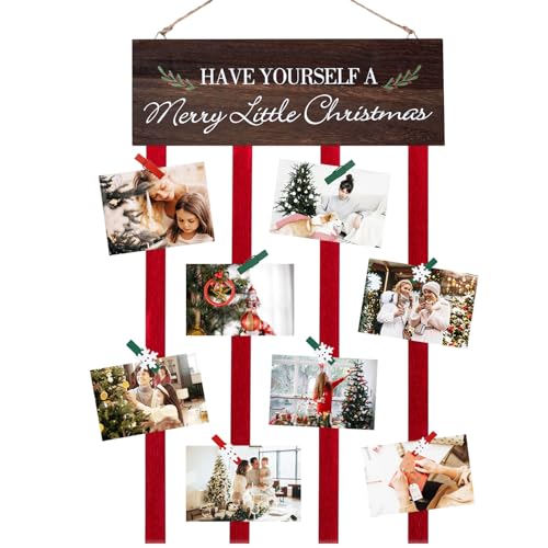 Christmas Card Holder Display, Merry Christmas Wooden Hanging Picture Holders, Xmas Card Display with 24 Photo Clips, Xmas Wall Door Window Home Decor