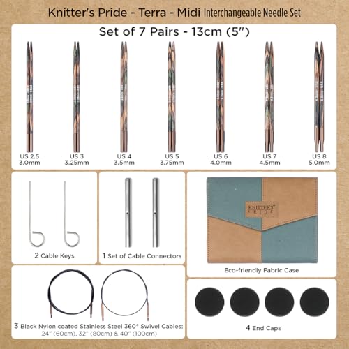 Image of Knitter's Pride Terra Midi Interchangeable Needle Set 5 inch inch (13cm) - 7 US Sizes (2.5 to 8)
