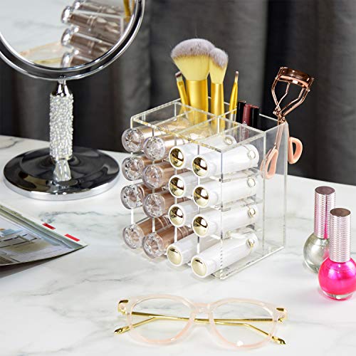 Ikee Design Acrylic Lipstick Organizer Rack For 16 Lipsticks, Makeup Storage Brush Holder Display Stand For Makeup Station, Bathroom And Salon, 4 1/2" W X 3 1/2" D X 5" H #TOP6