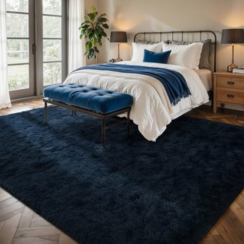 9x12 Area Rugs for Living Room Fluffy Blue,Plush Soft Navy Blue Shag Carpet for Living Room Boys Book Room Nursery Kids Playroom Dorm Decor