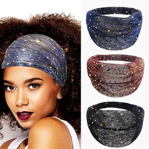 CAKURE Sequin Wide Headband Black Turban Headbands African Glitter Head Wraps Stretchy Bling Hair Wraps Hair Bands Yoga Running Sport Hair Accessories for Women and Girls Cover