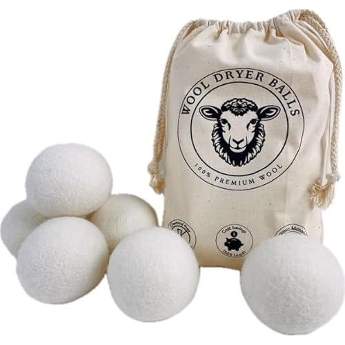 Wool Dryer Balls, Natural Fabric Softener, Organic, Reusable, Unsented, 6-Pack XL, Replacment to Dryer Sheets,1500 Loads, Hypoallergenic