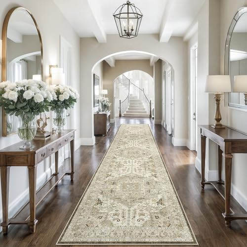 Madane Hallway Runner 3x14 - Runner Rugs 14ft Washable Entryway Rug Vintage Kitchen Runners Non Slip Indoor Area Rug Farmhouse Carpet Runner for Bathroom Living Room Bedroom, Ivory/Brown