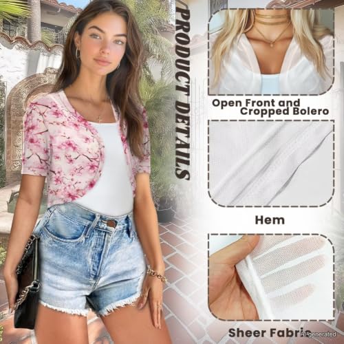 Image of Womens Short Sleeve Cardigans Lightweight Summer Cardigan Trendy Bolero Shrug Cute Floral Cardigan Sheer Bolero