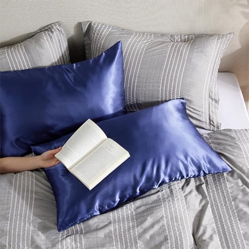 Image of Bedsure Satin Pillowcase with Zipper, Pillow Cases Queen Size Set of 2 | Similar to Silk Pillow Cases 2 Pack, Silky & Soft Pillow Covers for Hair and Skin, Gifts for Women Men, Navy, 20x30 Inches