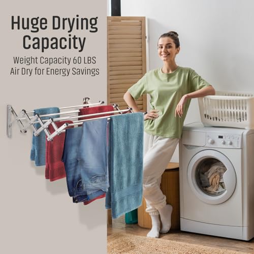 Image of Smartsome Wall Mounted Clothes Drying Rack | Adjustable to Fit Your Space | 20 Linear Feet Drying Capacity | 8 Stainless Steel Rods | 60 lb Capacity | Fully Assembled | Compact Space-Saving Design