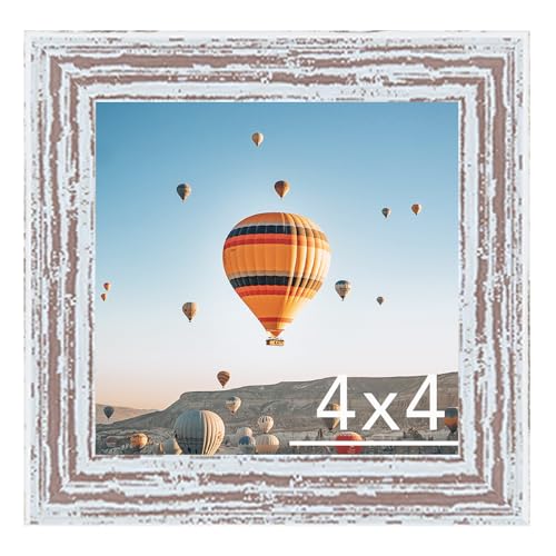 Image of JCJMY 4x4 Picture Frame Rustic White for Wall Hanging or Tabletop, Wall Mounting Horizontally or Vertically, 4 x 4 Wall Gallery Poster Photo Frame with Shatter Resistant Plexiglass, Rustic White