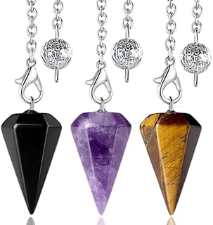 DUQGUHO 3 Pcs Crystal Pendulums for Divination Amethyst Tiger's Eye Black Obsidian Crystals Dowsing Pendulum Witchcraft Reiki Healing Balancing Meditation Natural Quartz Gemstone Pendant Wiccan Gifts