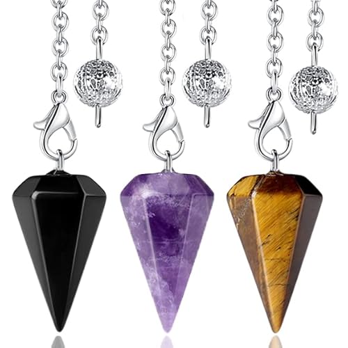 DUQGUHO - DUQGUHO 3 Pcs Crystal Pendulums for Divination Amethyst Tiger's Eye Black Obsidian Crystals Dowsing Pendulum Witchcraft Reiki Healing Balancing Meditation Natural Quartz Gemstone Pendant Wiccan Gifts