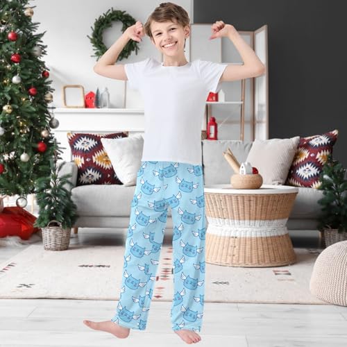 Boy's Pj Pants Kawaii Blue Cat Angel Wings Lounge Bottoms Elastic Waist Kids Joggers with Pockets Size 6-142
