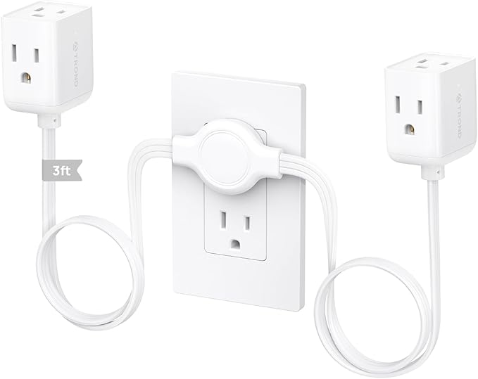 TROND Split Extension Cord with Flat Wall Plug, Twin 3ft on Each Side, Low-Profile Dual End 3 Outlets Extender, 1625W for Indoors Behind the Middle of Sofa Couch Bed TV Stand, Easy to Hide, White
