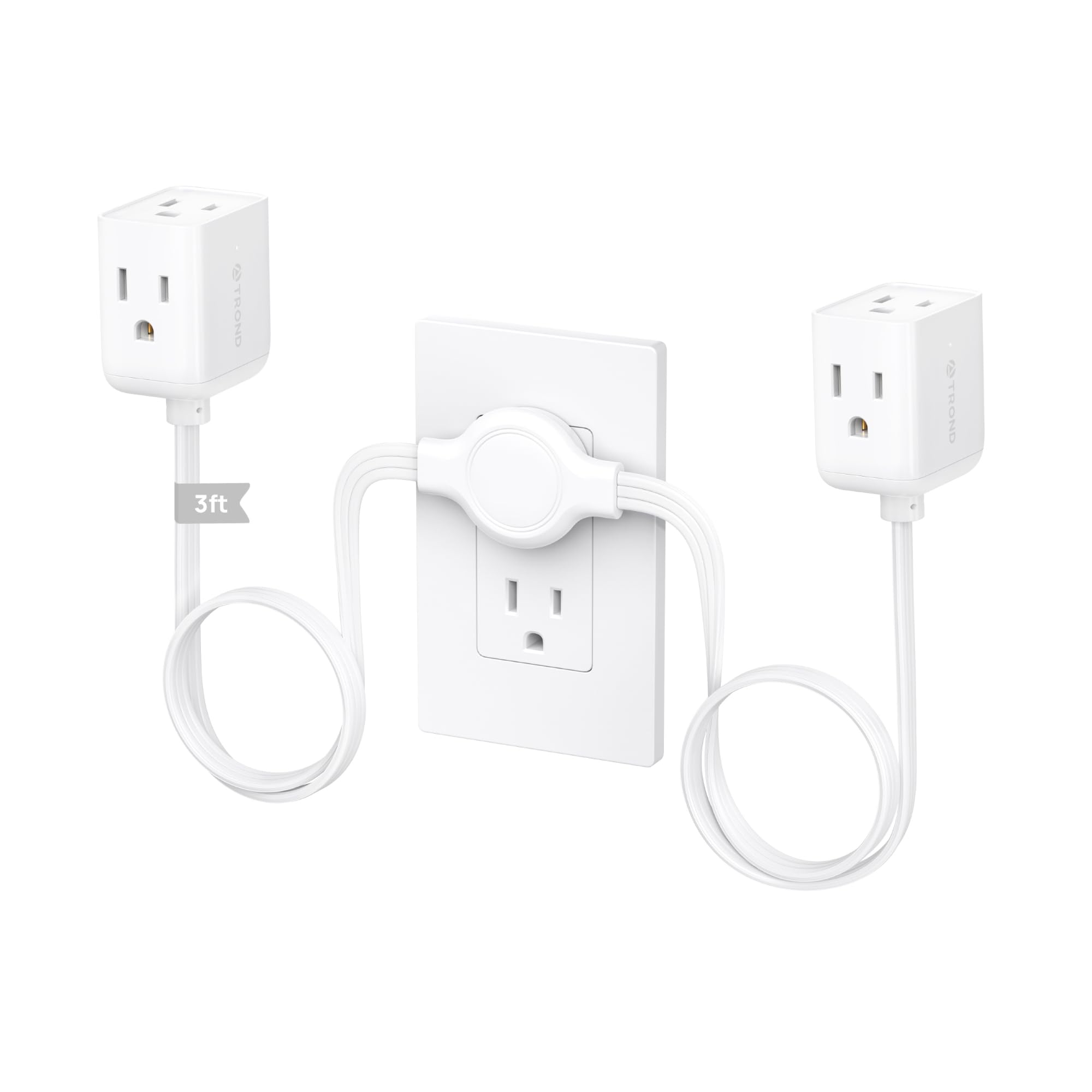 Split Extension Cord Power Strip, Twin 3ft on Each Side, Low-Profile Flat Plug, Dual 3 Grounded Outlet Extender Cubes, 13 Amps, 16 Gauge Wire, for Behind TV Stand Sofa Headboard, Indoor, White