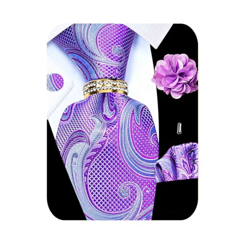Image of 5PCS Tie and Pocket Square for Men, Silk Necktie and Handkerchief Cufflinks with Gold Ring and Lapel Pin Set