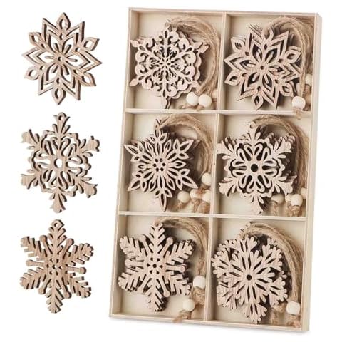Binswloo 24pcs Wooden Snowflakes Ornaments, Unfinished Wood Cutouts Christmas Tree Hanging Ornaments for Crafts, Rustic Xmas Decorations Cover
