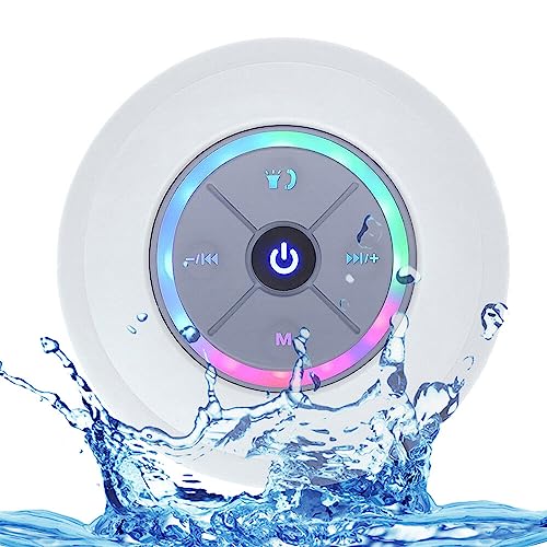 Mini Wireless BT Shower Speaker IPX4 Waterproof Portable Speakers with LED Light FM Radio Loud Stereo Sound Built-in MIC Suction Cup Speaker Support Hands-Free Call TF Card for Pool Beach Home Party