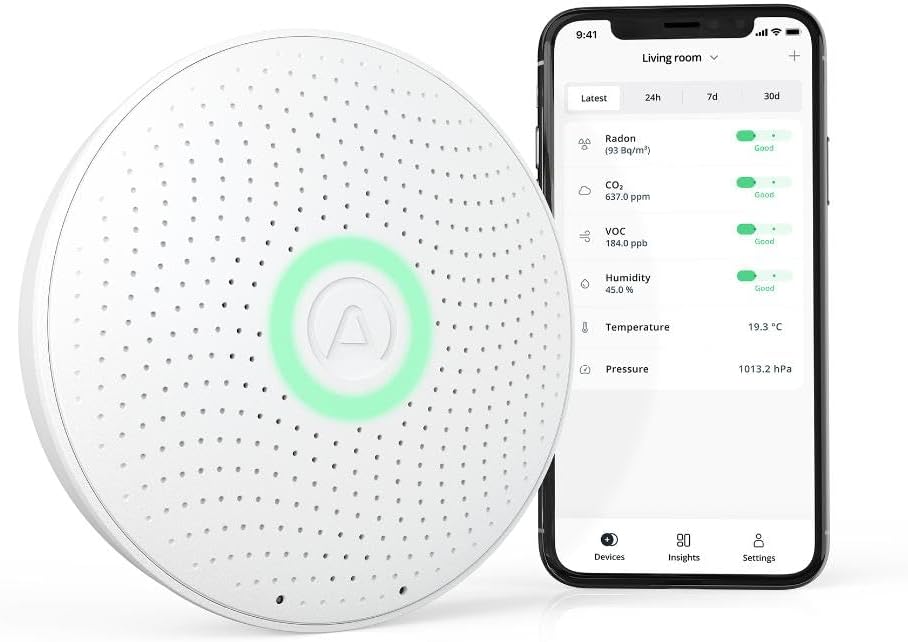 AirThings Wave Plus Smart Radon, CO2, TVOC Detector, Temperature, Humidity, Pressure Sensor, Battery Operated, Free App