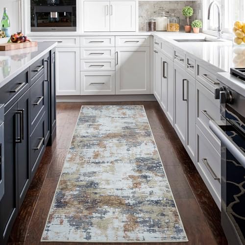Runner Rug for Hallways Kitchen 2'6"x8' Washable Non Slip: Carpet Non Skid 8ft Entryway Rubber Backed 8 Feet Neutral Abstract Modern Rug Low Pile Pet Friendly Indoor Yellow Brown