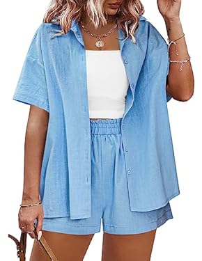 AMAZON - IN’VOLAND Womens Two Piece Outfits Plus Size Casual Linen Set Button Down Shirt and High Waisted Shorts Set Lounge sets with Pockets Blue,18W