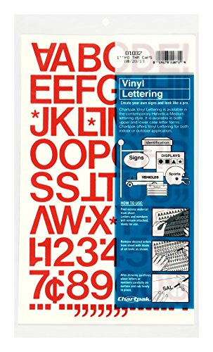 Chartpak SelfAdhesive Vinyl Capital Letters and Numbers, 1 Inch High, Red, 88 per Pack 01032