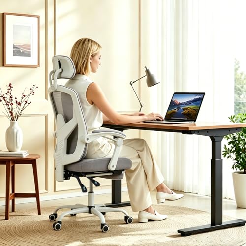 Image of Ergonomic Office Chair with Footrest, High Back Home Desk Computer Chair with Lumbar Support & Headrest, 90-135 Reclining Mesh Back with Wheels for Work, Gaming, Grey