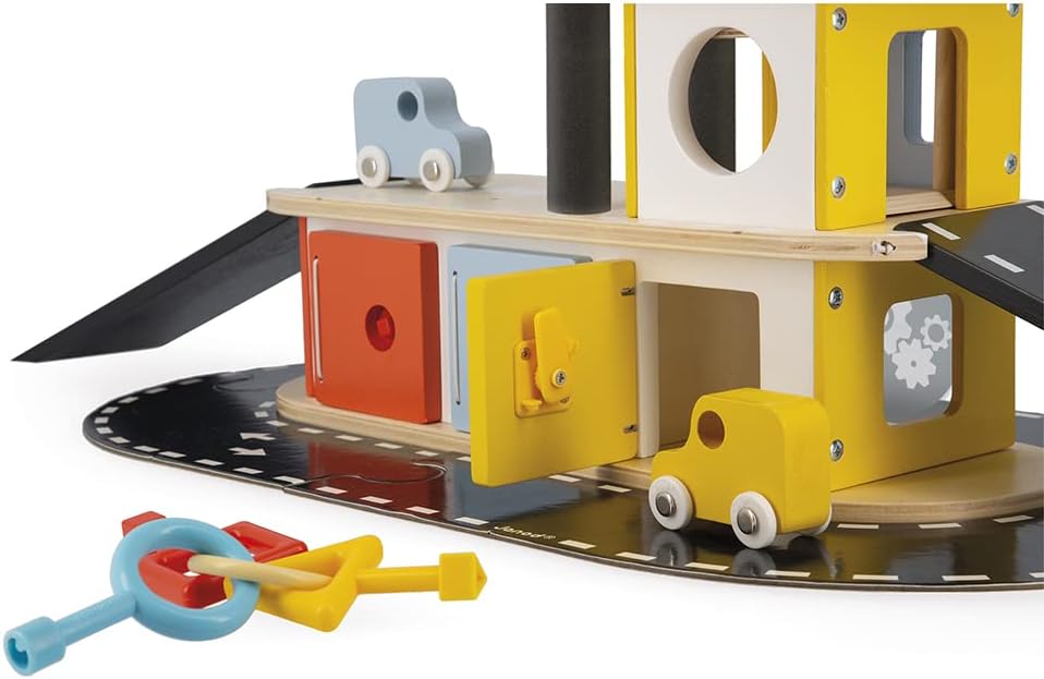 Janod - Bolid Solid Wood Garage - 3 Cars & 1 Helicopter Included - Key Box Function - Imagination & Fine Motor Skills - Water-Based Paints - 2 Years + J04636, Brown