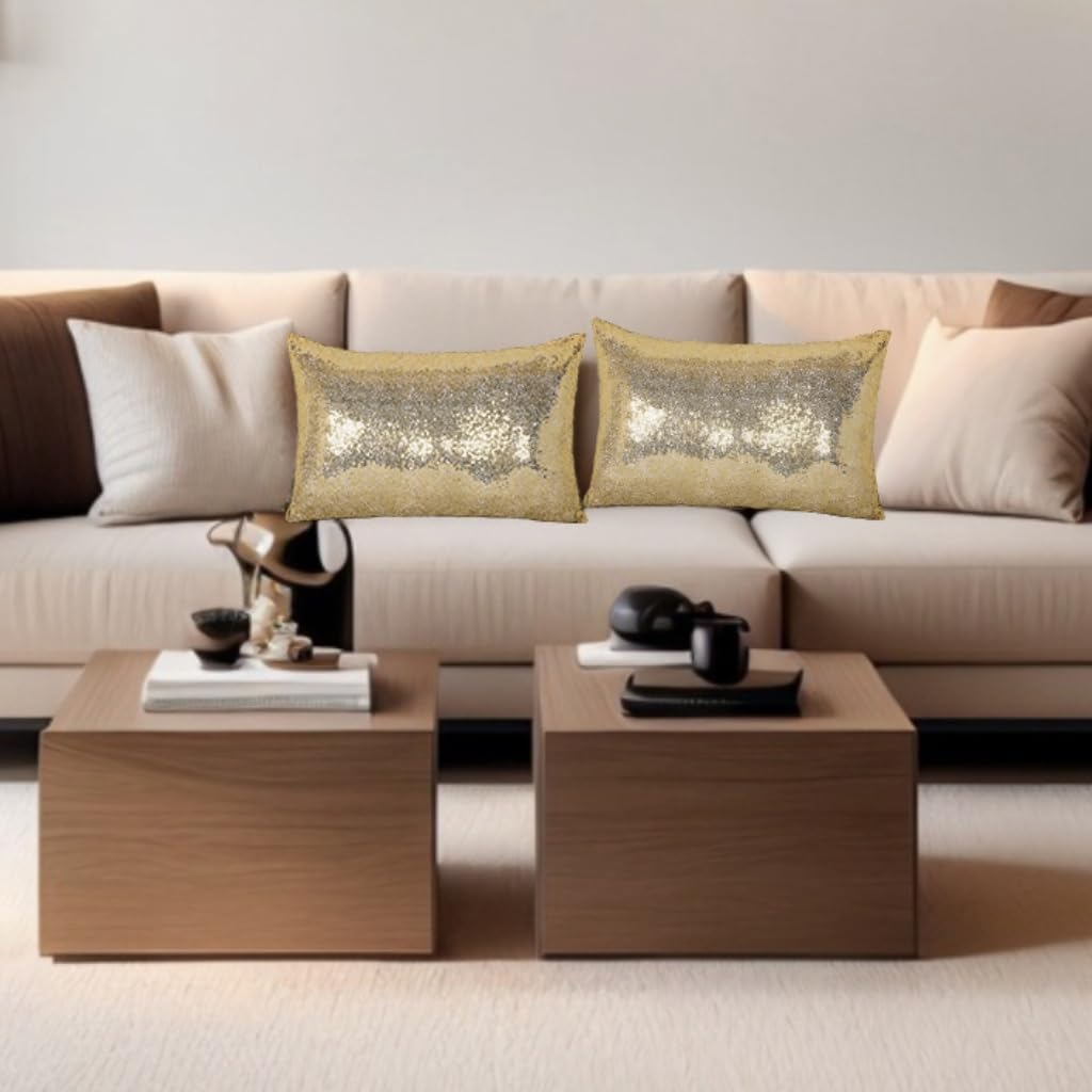 ShinyBeauty Champagne Gold Throw Pillow Covers 12X20 Inches Set of 2, Rectangle Pillow Cover, Light Gold Fabric Sequin Pillow Case for Couch,Sofa,Bed,Living Room Pillows Home Decorations