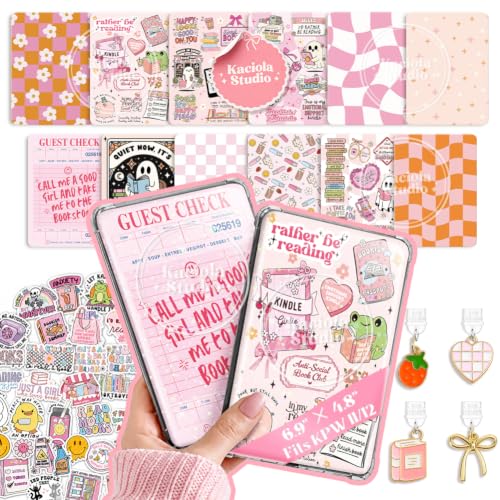 Kaciola 12PCS Inserts Cardstock Paper for E-Reader and 50PCS Scrapbook Stickers for Clear Case 6.9x4.8 Funny Theme E-Reader Back Cover Insert Decorating Accessories for Paper White 11th-12th