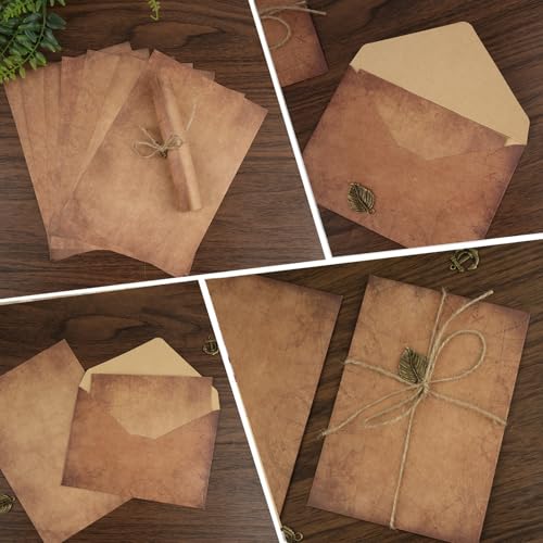 40 Stück Briefpapier mit Umschlag, Set Vintage Briefpapier mit 8 Kraftpapier Vintage-papier Briefumschläge, 16 Briefpapier,8 Retro Schlüsseln, 8 Hanfseilen, für Love Letter, Hochzeit, Geburtstag
