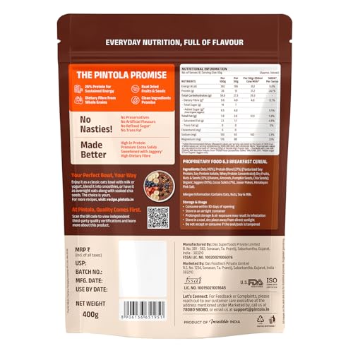 Image of PINTOLA 26g High Protein Oats 400g, Dark Chocolate, No Refined Sugar, with Almonds, Raisins, Pumpkin & Chia Seeds, 9.6g Fibre, Rolled Oats for Weight Loss, Breakfast Cereals | Gluten Free