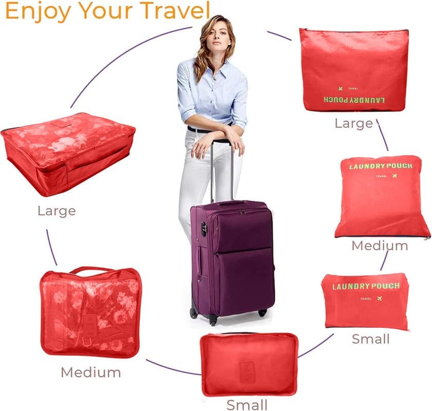 Image of 6 in 1 Polyester Secret Pouch Travel Bag Packing Cubes Laundry Bag with Undergarments & Cloth Storage Organizer Travelling Set /Suitcase Cloth Cube Bag (ROZE RED 6 in 1 Travel Bag)