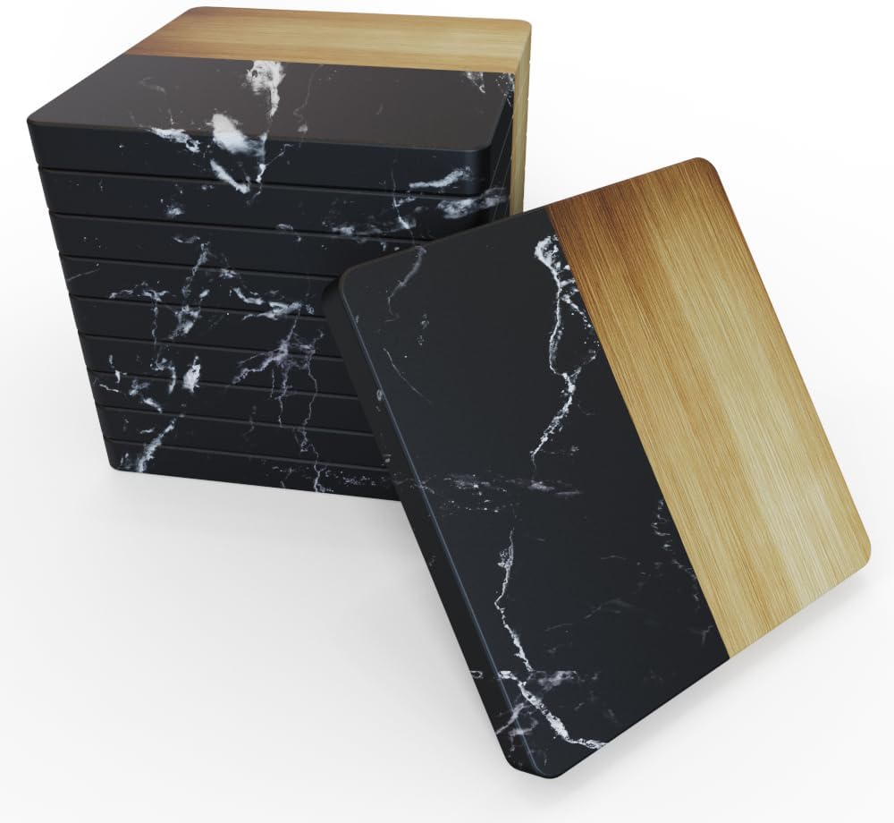 Marble Coasters Set (Round & Square), Real Marble + Acacia Wood Drink Coasters, Heat & Stain Resistant Black Coasters for Table Protection, Coffee Accessories, Table Decor (Square-10Pcs)