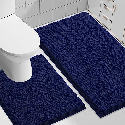 Image of Smiry Bathroom Rugs Set 2 Piece, Soft Absorbent Chenille Bath Mat and U-Shaped Toilet Rug Set, Non Slip Shaggy Bath Carpet for Tub, Shower and Floor (30x20+24x20, Navy Blue)